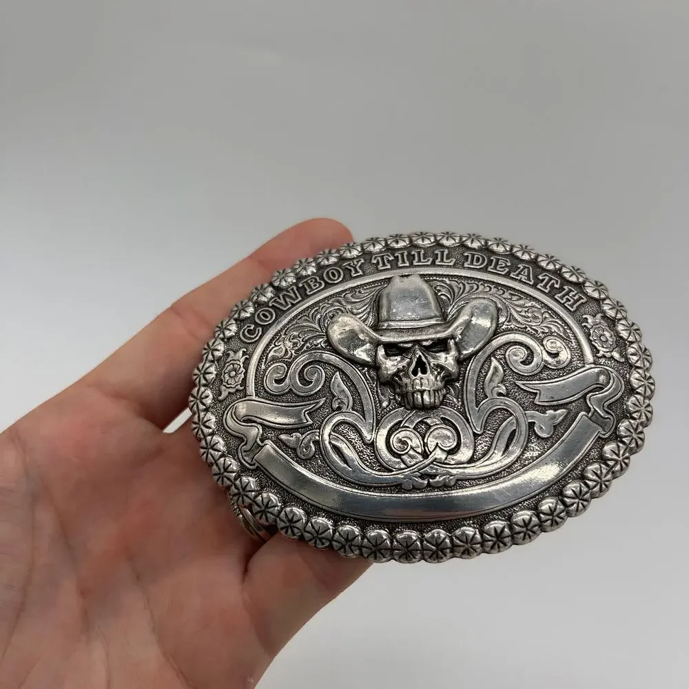 Cowboy Till Death Western Skull Belt Buckle Silver Tone Crumrine Floral Men's